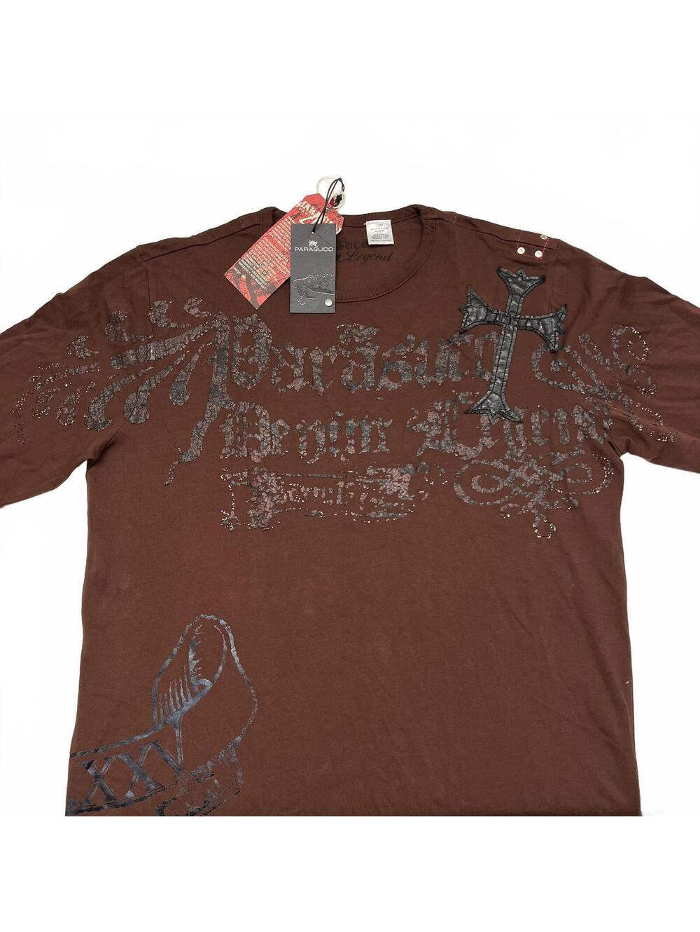 NWT Parasuco Brown Long Sleeve W Gothic Style Graphic Print Faux Leather Cross M